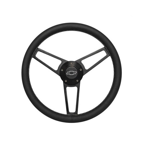 Steering Wheel - Billet Series for Chevrolet - 13.75 in Diameter - Flat - 3-Spoke - Black Leather Grip - Bow Tie Logo - Aluminum - Black Anodized - GM Fullsize SUV / Truck / Van / GM Compact SUV / Truck / Van 1974-94 - Each