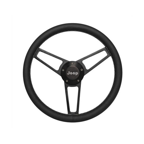 Steering Wheel - Billet Series for Jeep - 13.75 in Diameter - Flat - 3-Spoke - Black Leather Grip - Jeep Logo - Aluminum - Black Anodized - Jeep 1974-95 - Each