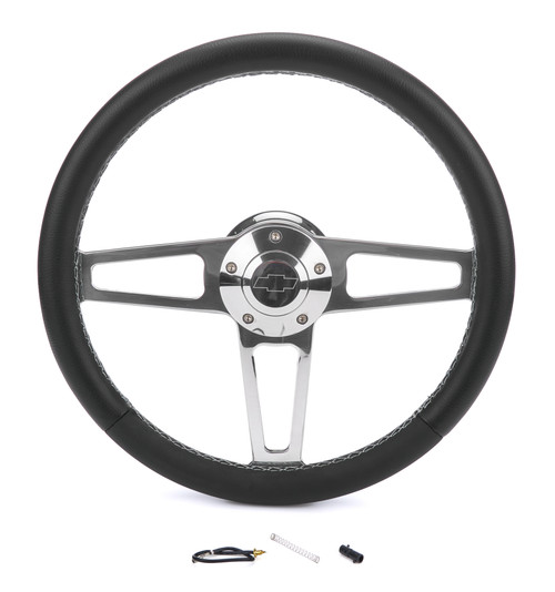 Steering Wheel - T Series - 13.75 in Diameter - Flat - 3-Spoke - Black Leather Grip - Chevrolet Bowtie Logo - Aluminum - Polished - GM Fullsize SUV / Truck / Van / GM Compact SUV / Truck / Van 1974-94 - Each