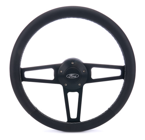 Steering Wheel - T Series - 13.75 in Diameter - Flat - 3-Spoke - Black Leather Grip - Ford Oval Logo - Aluminum - Black Anodized - Ford 1964-77 - Each