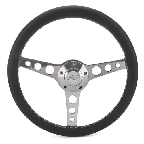 Steering Wheel - Classic Series - 13.75 in Diameter - Flat - 3-Spoke - Black Leather Grip - Ford Oval Logo - Aluminum - Polished - Ford 1964-77 - Each