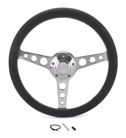 Steering Wheel - Classic Series - 13.75 in Diameter - Flat - 3-Spoke - Black Leather Grip - Jeep Logo - Aluminum - Polished - Jeep 1974-95 - Each