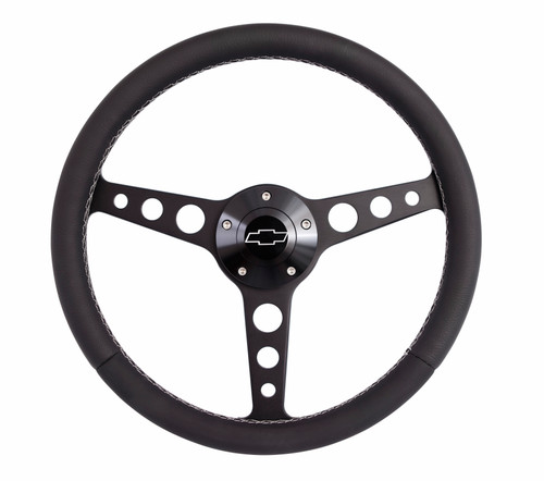Steering Wheel - Classic Series - 13.75 in Diameter - Flat - 3-Spoke - Black Leather Grip - Chevrolet Bowtie Logo - Aluminum - Black Anodized - GM Fullsize SUV / Truck / Van / GM Compact SUV / Truck / Van 1974-94 - Each