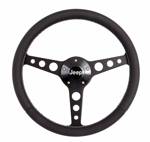 Steering Wheel - Classic Series - 13.75 in Diameter - Flat - 3-Spoke - Black Leather Grip - Jeep Logo - Aluminum - Black Anodized - Jeep 1974-95 - Each