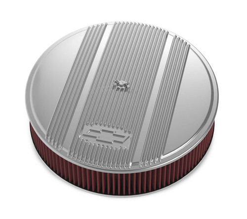 Air Cleaner Assembly - Vintage - 14 in Round - 3.75 in Tall - 5-1/8 in Carb Flange - Dropped Base - Finned Bowtie Logo - Washable Filter - Aluminum - Polished - Each