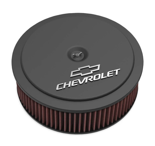 Air Cleaner Assembly - GM Muscle - 14 in Round - 3.75 in Tall - 5-1/8 in Carb Flange - Dropped Base - Raised Chevy Bowtie Logo - Washable Filter - Aluminum - Satin Black Powder Coat - Each