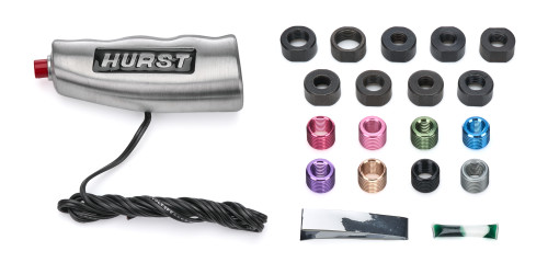 Shifter Knob - T-Handle - 3/8-16 in / 7/16-20 in / 1/2-20 in / 10 mm x 1.25 / 10 mm x 1.50 / 12 mm x 1.25 / 12 mm x 1.75 / 16 mm x 1.50 Thread - 12V Button - Hurst Logo - Aluminum - Brushed - Universal - Each