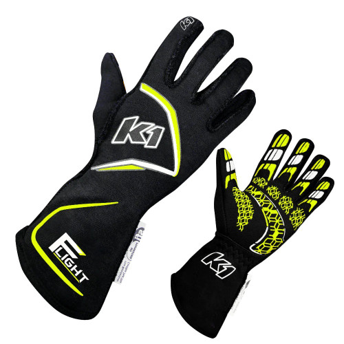 Driving Gloves - Flight - SFI 3.3/5 - Double Layer - Nomex - Elastic Cuff - Black / Fluorescent Yellow - 2X-Large - Pair
