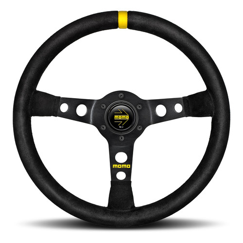 Steering Wheel - MOD. 07 - 350 mm Diameter - 72 mm Dish - 3-Spoke - Black Suede Grip - Yellow Stripe - Aluminum - Black Anodized - Each