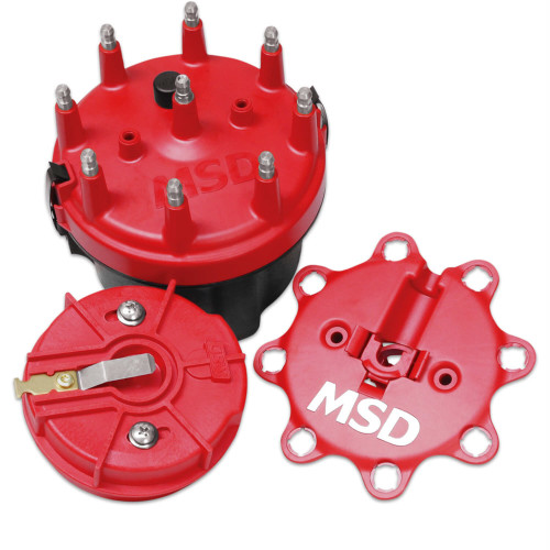 Cap and Rotor Kit - Cap-A-Dapt - HEI Style Terminals - Stainless Terminals - Clamp Down - Wire Hold Down Included - Plastic - Red - Vented - Chevy V8 - Kit