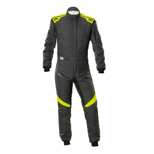 Driving Suit - First EVO Overall - 1-Piece - FIA Approved - Double Layer - Aramid - Anthracite / Fluorescent Yellow - Size 58 - X-Large - Each Driving Suit - First EVO Overall - 1-Piece - FIA Approved - Double Layer - Aramid - Anthracite / Fluorescent Yellow - Size 58 - X-Large - Each