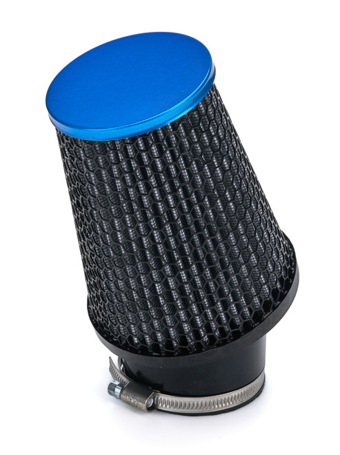 Air Filter Element - Round - 3 in Diameter - 4 in Tall - Wire Mesh Included - Paper - Gray - Blue End Cap - Asphalt Kart - Each