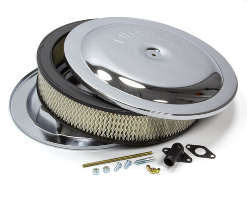 Air Cleaner Assembly - High-Performance - 14 in Round - 3 in Element - 5-1/8 in Carb Flange - Dropped Base - Chevrolet Logo - Steel - Chrome - Kit