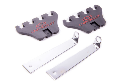 Spark Plug Wire Loom - 4 Wire - Valve Cover Mount - 7-8 mm - Bracket Included - Chevrolet Bowtie Logo - Plastic - Black - Clip Style - Small Block Chevy - Pair