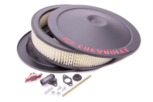 Air Cleaner Assembly - Classic - 14 in Round - 3 in Element - 5-1/8 in Carb Flange - Dropped Base - Red Chevrolet Logo - Steel - Black Crinkle - Kit
