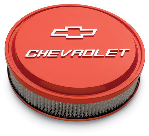 Air Cleaner Assembly - Slant Edge - 14 in Round - 3 in Element - 5-1/8 in Carb Flange - Dropped Base - Chevy Bowtie Logo - Aluminum - Orange Powder Coat - Kit