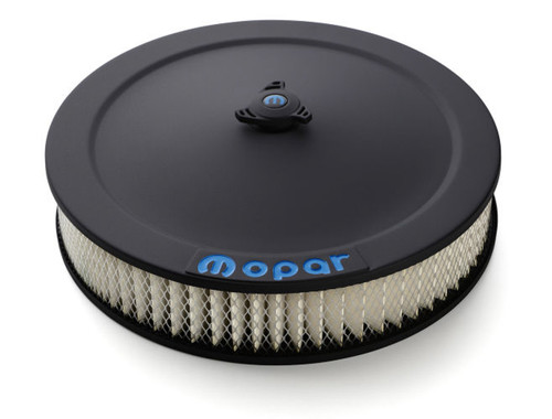 Air Cleaner Assembly - 14 in Round - 5-1/8 in Carb Flange - Dropped Base - Blue Mopar Logo - Steel - Black Crinkle - Kit Air Cleaner Assembly - 14 in Round - 5-1/8 in Carb Flange - Dropped Base - Blue Mopar Logo - Steel - Black Crinkle - Kit