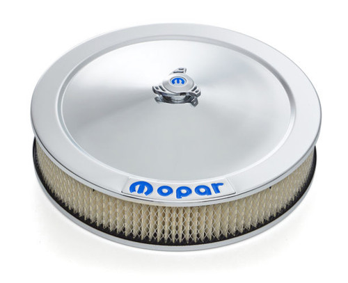 Air Cleaner Assembly - 14 in Round - 5-1/8 in Carb Flange - Dropped Base - Blue Mopar Logo - Steel - Chrome - Kit Air Cleaner Assembly - 14 in Round - 5-1/8 in Carb Flange - Dropped Base - Blue Mopar Logo - Steel - Chrome - Kit