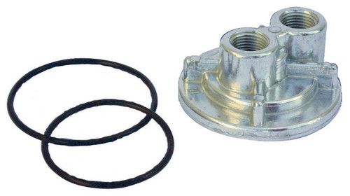 Oil Filter Adapter - Bypass - 13/16-16 in Center Thread - Two 1/2 in NPT Female Ports - Aluminum - Natural - Each Oil Filter Adapter - Bypass - 13/16-16 in Center Thread - Two 1/2 in NPT Female Ports - Aluminum - Natural - Each
