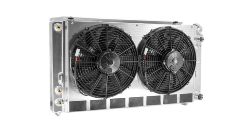 Radiator and Fan - 33.25 in W x 18.75 in H x 7 in D - Dual Fans - Passenger Side Inlet - Passenger Side Outlet - Oil Cooler - Aluminum - Natural - GM LS-Series - GM A-Body 1968-72 - Kit