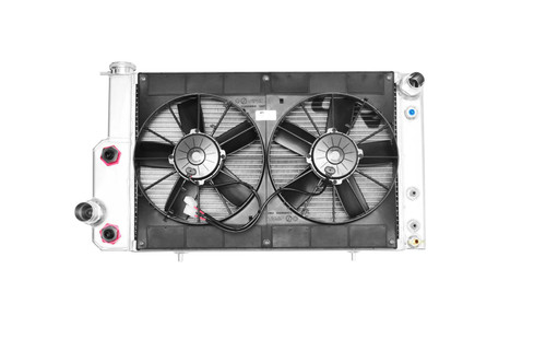 Radiator and Fan - 31.75 in W x 18.375 in H x 6.875 in D - Dual Fans - Passenger Side Inlet - Driver Side Outlet - Aluminum - Natural - Ford Mustang 1967-70 - Kit