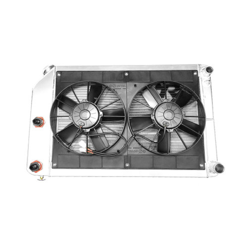 Radiator and Fan - 30.688 in W x 20.188 in H x 8.281 in D - Dual Fans - Passenger Side Inlet - Passenger Side Outlet - Oil Cooler - Aluminum - Natural - GM LS-Series - GM F-Body 1967-69 - Kit