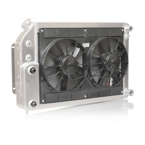 Radiator and Fan - Module - 30 in W x 18.375 in H x 7.5 in D - Dual Fans - Passenger Side Inlet - Passenger Side Outlet - PS / Oil Cooler - Aluminum - Natural - GM LS-Series - GM F-Body 1967-69 - Kit
