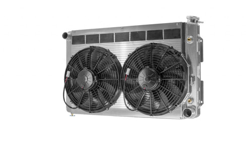Radiator and Fan - 30.688 in W x 20.188 in H x 8 in D - Dual Fans - Driver Side Inlet - Passenger Side Outlet - Oil Cooler - Aluminum - Natural - Small Block Chevy - GM F-Body 1967-69 - Kit