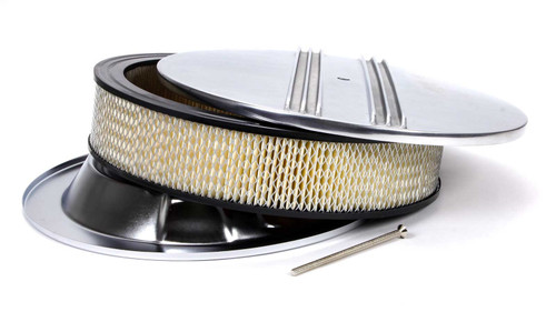 Air Cleaner Assembly - Finned Round - 14 in Round - 3 in Element - 5-1/8 in Carb Flange - Dropped Base - Aluminum - Polished - Kit Air Cleaner Assembly - Finned Round - 14 in Round - 3 in Element - 5-1/8 in Carb Flange - Dropped Base - Aluminum - Polished - Kit