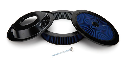 Air Cleaner Assembly - 14 in Round - 3 in Element - 5-1/8 in Carb Flange - Dropped Base - Flow Through Top - Blue Cotton - Steel - Black Paint - Kit Air Cleaner Assembly - 14 in Round - 3 in Element - 5-1/8 in Carb Flange - Dropped Base - Flow Through Top - Blue Cotton - Steel - Black Paint - Kit