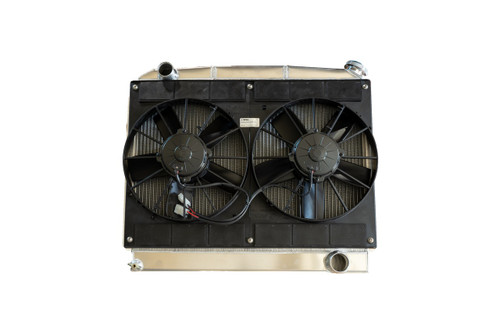 Radiator and Fan - 22.188 in W x 20.5 in H x 3 in D - Dual Fans - Driver Side Inlet - Passenger Side Outlet - Aluminum - Natural - GM X-Body 1962-67 - Kit