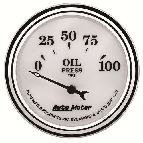 Oil Pressure Gauge - Old Tyme White II - 0-100 psi - Electric - Analog - Short Sweep - 2-1/16 in Diameter - White Face - Each