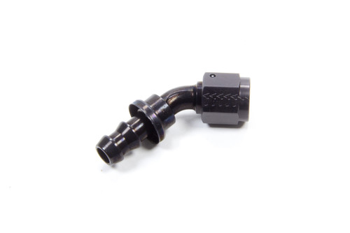 Fitting - Hose End - AQP Socketless - 45 Degree - 6 AN Hose Barb to 6 AN Female - Aluminum - Black Anodized - Each