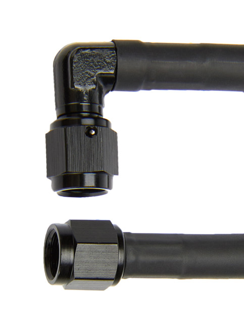 AN Hose Assembly - 24 in Long - 4 AN Hose - 4 AN Straight Female to 4 AN 90 Degree Female - Braided Stainless - Black Vinyl Coated - PTFE Lined - Each