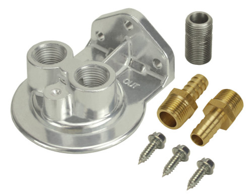 Oil Filter Mount - Ports Up - 1/2 in NPT Female Ports - 3/4-16 in Center Thread - Aluminum - Polished - Universal - Each