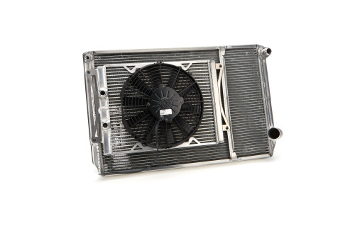 Radiator and Fan - 28.875 in W x 18 in H x 2 in D - Dual Pass - Passenger Side Inlet - Passenger Side Outlet - Aluminum - Natural - Kit
