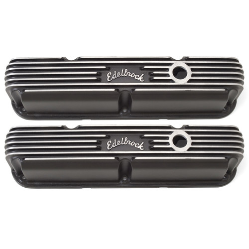 Valve Cover - Classic - Tall - Finned - Breather Hole - Edelbrock Logo - Aluminum - Black Powder Coat - Small Block Mopar - Pair