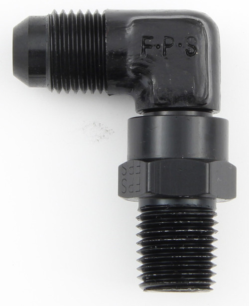 Fitting - Adapter - 90 Degree - 8 AN Male to 3/8 in NPT Male Swivel - Aluminum - Black Anodized - Each