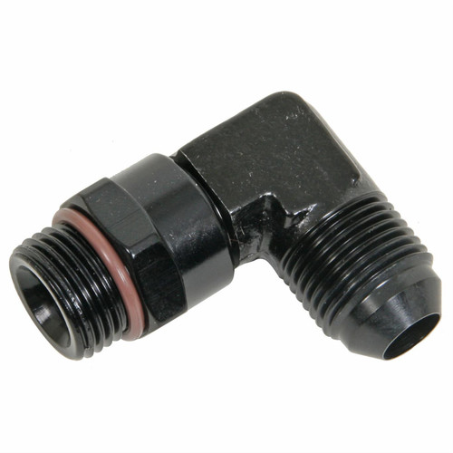 Fitting - Adapter - 90 Degree - 8 AN Male to 8 AN Male O-Ring Swivel - Aluminum - Black Anodized - Each