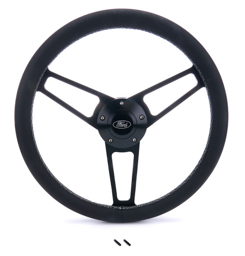 Steering Wheel - Billet Series for Ford - 13.75 in Diameter - Flat - 3-Spoke - Black Leather Grip - Ford Oval Logo - Aluminum - Black Anodized - Ford Fullsize SUV / Truck / Van 1965-77 - Each