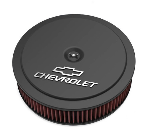 Air Cleaner Assembly - GM Muscle - 14 in Round - 3.75 in Tall - 5-1/8 in Carb Flange - Dropped Base - Raised Chevy Bowtie Logo - Washable Filter - Aluminum - Satin Black Powder Coat - Each