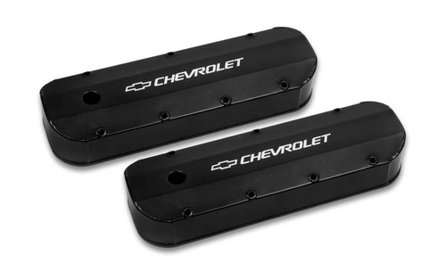 Valve Cover - GM Track Series - Tall - Baffled - Breather Hole - Hardware Included - Chevy Bowtie - Fabricated Aluminum - Black Powder Coat - Big Block Chevy - Pair