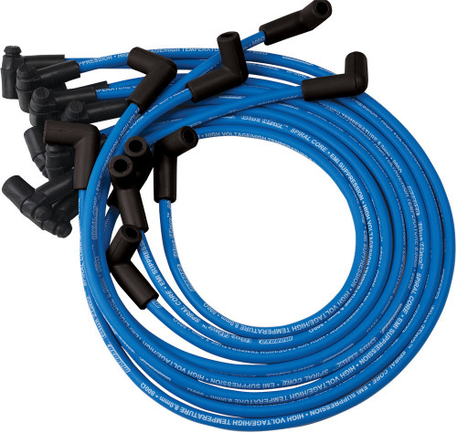Spark Plug Wire Set - Blue Max - Spiral Core - 8 mm - Blue - 90 Degree Plug Boots - HEI Style Terminal - Small Block Chevy - Kit