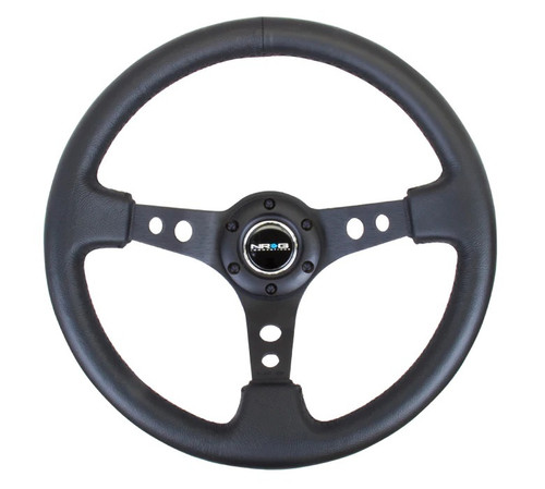 Steering Wheel - Lightweight - 350 mm Diameter - 75 mm Dish - 3-Spoke - Black Leather Grip - Aluminum - Black Anodized - Each