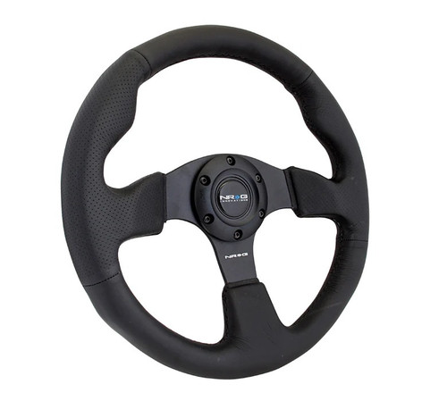 Steering Wheel - Lightweight - 320 mm Diameter - 25 mm Dish - 3-Spoke - Black Leather Grip - Aluminum - Black Anodized - Each