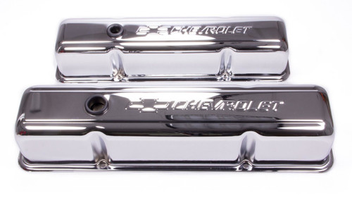 Valve Cover - Tall - Baffled - Breather Hole - Chevrolet Bowtie Logo - Steel - Chrome - Small Block Chevy - Pair