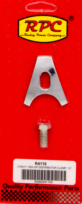 Distributor Hold Down - Bolt Mounted - Hardware Included - Steel - Chrome - Chevy V8 - Each