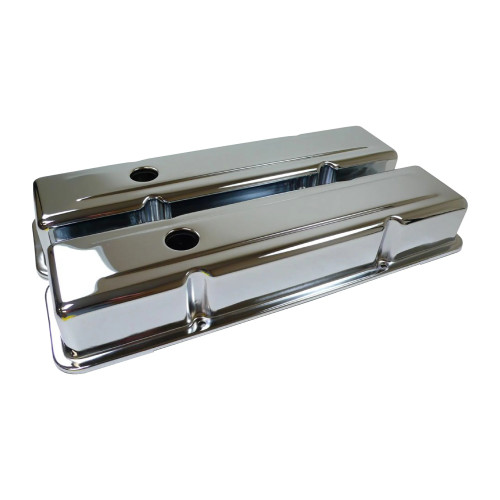 Valve Cover - Short - 2.625 in Height - Baffled - Breather Holes - Grommets Included - Steel - Chrome - Small Block Chevy - Pair