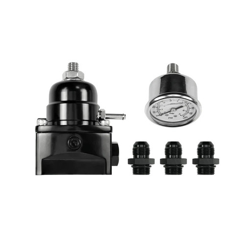 Fuel Pressure Regulator - 40 to 75 PSI - In-Line - 6 AN Female O-Ring Inlet - 6 AN Female O-Ring Outlet - 6 AN Female O-Ring Return - 1/8 in NPT Port - Fuel Pressure Gauge - Black Anodized - Gas / E85 / Methanol - Kit