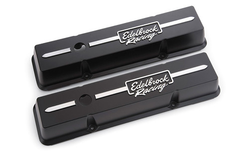 Valve Cover - Racing Series - Short - Breather Hole - Edelbrock Logo - Aluminum - Black Powder Coat - Small Block Chevy - Pair